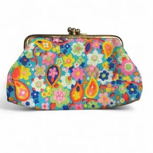 Vintage 1970s psychedelic hippie Multicoloured floral coin purse with gold frame